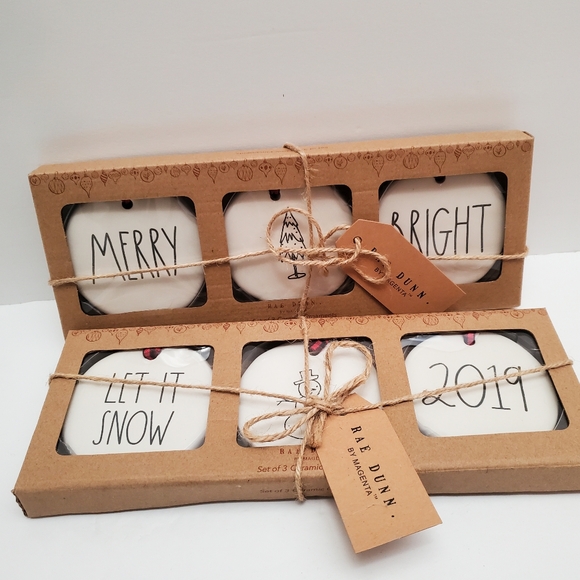 Rae Dunn Ceramic Flat Christmas Ornaments MERRY, BRIGHT, LET IT SNOW NWT - Picture 1 of 3